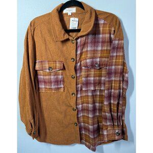 NWT N.Y.L.A. Patchwork Corduroy Flannel Shacket Womens Large Brown/Burgundy